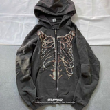 Dodobye Gothic skeleton print hoodies women zipper sweater dark series old rock street hiphop American retro women Y2K  hoodies