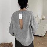 Dodobye Sexy Backless Knitted Sweaters Women Hollow Out Long Sleeve Lazy Wind Pullovers Vintage Loose Casual O Neck Streetwear Tops