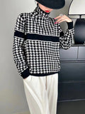 christmas outfit Dodobye Long Sleeves Loose Contrast Color Houndstooth Split-Joint High Neck Pullovers Sweater Tops