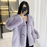 thanksgiving outfit Dodobye Elegant Solid Color V-Neck Leather Jacket For Women 2024 New Design Sensibility Fuzzy Top In China Mainland Origin