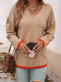 christmas outfit Dodobye Long Sleeves Loose Contrast Color V-Neck Pullovers Sweater Tops