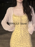 Dodobye 2025 Autumn Sweet Korean Fashion Suit Woman Thin Casual Cardigan + Floral Strap Y2k Mini Dress Party Beach Elegant Dress Chic