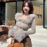 Black Friday Dodobye Hair Collar Knitted Cardigan Women Solid Elegant Simple Fluffy Spring Fall Sweater Skinny Chic Sexy Cropped Lady Tops