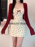 Dodobye Sweet 2 Piece Dress Set Woman Red Long Sleeve Cardigan + Strap Floral Y2k Mini Dress Party Korean Fashion Suit 2025 Autumn Chic