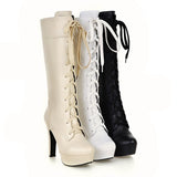 thanksgiving outfit Dodobye British Ladies Knee High Boots Round Toe Lace Up 12CM Platforms Spike Heels Shoes Size 31-45 White A4206