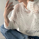 Dodobye Women Hollow Out Loose Shirt Long Sleeve Chic T-shirts O-Neck Casual Knit Tees See Through Tops For Women 2024 Spring