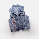 Dodobye 2025 Denim Women Vest Pearl Fashion Ripped Autumn Jeans Jacket Sleeveless Loose Short Coat Streetwear Beaded Flower Denim Vest