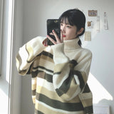 Black Friday Dodobye Zoki Turtleneck Sweaters Women Vintage Striped Fall Winter Casual Thicken Warm Preppy Pullovers Baggy All Match Knitwear Jumper