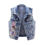 Dodobye 2025 Denim Women Vest Pearl Fashion Ripped Autumn Jeans Jacket Sleeveless Loose Short Coat Streetwear Beaded Flower Denim Vest