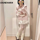 Dodobye Autumn French Sweet Pink Collar Bubble Sleeve Knitted Cardigan Harajuku Style Versatile Short Skirt Y2k Two Piece Sets