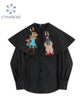 Dodobye Vintage Shirt Women Black 2025 Spring Long Sleeve Casual Oversized Streetwear Sweet Cute Rabbit Print Blouse Fashion Female Tops