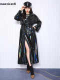 christmas outfit Dodobye Spring Soft Thin Flowy Shiny Reflective Holographic Black PVC Faux Leather Trench Coat for Women Maxi Y2K Streetwear