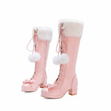 thanksgiving outfit Dodobye REAVECAT Lolita High Boots Fur Neck Girls Cosplay Party Princess Shoes Lace Up Bowtie Chunky Heel Side PU