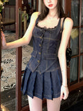 Dodobye American Style Outfits 2 Piece Skirt Set Korean Single Breasted Denim Halter Tops + Women Fashion Sexy Pleated Skirt Hot Girls