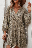 Dodobye-V Neck Leopard Print Button Design Loose Mini Dress