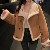 thanksgiving outfit Dodobye Jin Qian 2024 New Autumn Chamois Leather Motorcycle Jacket Lose-Fit Lapel Splicing Thickened Fur Integrated Short Jacket For Wom