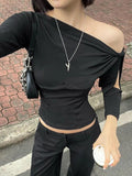 Dodobye-Solid One Shoulder Cutout Sleeve Long Sleeve Tee