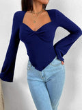 Dodobye-Solid V Neck Ruched Irregular Hem Knit Long Sleeve Tee