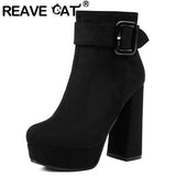 thanksgiving outfit Dodobye Sexy Women Ankle Boots Round Toe Block Heels 12cm Platform Flock Suede Size 45 46 Party Bota