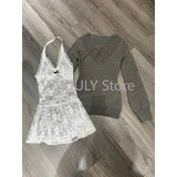 Dodobye Harajuku Sweet Pullover Suit Womam Halter Lace Y2k Aesthetic Basic Vest Streetwear Slim Knitted Sweater Tops Grunge 2025 Chic