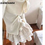 Dodobye Fashion Sweet Elastic Slim 2 Piece Set Winter Chic Solid Bow Long Sleeve Tops Female High Waist Thin Ruffle Short Skirt