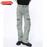 Dodobye Niche Design Men'S Jeans Multi-Pocket Zippers Patchwork Straight Jeans Casual Wide Leg Personalized Male Trousers