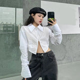 Dodobye Slim Cropped White Shirt Women Long Sleeve Sexy Chic Double Zippers Blouse Fall Female Long Sleeve Hip Hop Streetwear Tops