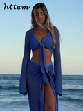 Dodobye Sexy Knit Hollow Out Crop Vest Skirt Sets Women V-neck Long Sleeve Lace Up Vests Split Long Skirts 2024 Summer Lady Beach Outfit