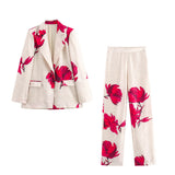 Black Friday Dodobye 2024 Autumn New Product Women's Casual Style Flower Printed Suit Coat High Waist Straight Pants Fashion Set