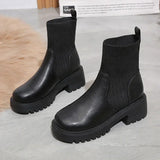 Dodobye New Autumn Winter Fashion Women Chelsea Boots Female PU Leather High Heels Boots Platform Shoes Ladies Knitted Sexy Ankle Boots