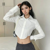 Dodobye Cropped Sexy Women White Shirt Long Sleeve Slim Design Blouse Fall Female Fashion Streetwear Turn Down Collar Amercian Tops