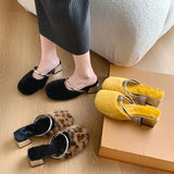 Dodobye Comfortable Soft Fur Mules Slippers Women Autumn Winter Square Heels Warm Plush Slippers Woman High Heel Faux Fur Slides