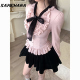 Dodobye Spring Autumn Korean Sweet Lolita Gentle Style Bow Long Sleeve Top High Waist Slim A-line Half Body Skirt Y2k Sets 2025