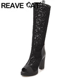 thanksgiving outfit Dodobye Ladies Summer Boots Peep Toe Chunky Heels Lace Mesh Splice Big Size 33-43 Black Whiete Fashion Sexy S4036