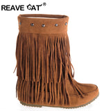 thanksgiving outfit Dodobye Women's 2 Layer Fringe Tassels Flat heel Half knee high Boots fur Shoes Big Size 34-47 Snow Boots Zapotos