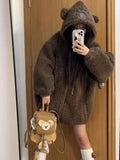 Dodobye Womens Brown Bear Lamb Velvet Thick Cardigan Sweater Loose Hooded Sweater Cute Design Autumn Winter Warm Tops Y2K Hooded Sweater