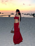 Dodobye 2025 Summer Red Sexy Holiday Dress Suit Hot Girls 2000s Sweet Casual Camios + Elegant Fashion Midi Skirt Beach Style Clothing