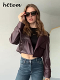 Dodobye Fashion Women's Burgundy Crop Leather Jacket Vintage Lapel Pockets Long Sleeve Coat 2024 Autumn Winter Lady Street Loose Outwear