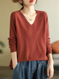 christmas outfit Dodobye Long Sleeves Loose Solid Color V-Neck Sweater Tops