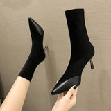 Dodobye Socks Boots Women Stretch Fabric Elastic Stilettos Heel Sexy Pointed Toe Ankle Boots Slip-On Shoes Woman Thin Heels Party Boots