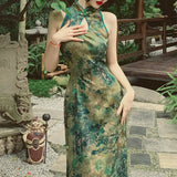 Dodobye Blue Green Painting Cheongsam Dress