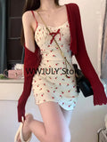 Dodobye Sweet 2 Piece Dress Set Woman Red Long Sleeve Cardigan + Strap Floral Y2k Mini Dress Party Korean Fashion Suit 2025 Autumn Chic