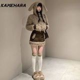 Dodobye Japanese E-girl Gothic Autumn Winter Cute Rabbit Ears Thickened Warm Plush Coat with Plush Skirt Two Piece Sets Платье