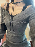 Dodobye Fashion Vintage V-neck Knitted Tops Women 2025 Early Autumn New Sweaters Mujer Y2k Grunge Slim Fit Long Sleeve Pullovers