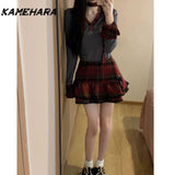 Dodobye Korean Style Chic Sweet Spicy Red Checkered Patchwork Long Sleeve Top High Waist Slimming Cake Skirt Y2k Two-piece Set