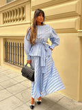 Dodobye Elegant Stripe Print Skirt Set Women Fashion Belt Lantern Sleeve Shirt Pleated Long Skirts 2024 Spring Summer Casual Lady Outfit