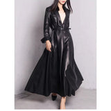 christmas outfit Dodobye Spring Black Maxi Skirted Faux Leather Trench Coat for Women Extra Long Elegant Luxury Designer Clothes Overcoat