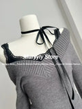 Dodobye Autumn Vintage Knitted 3 Piece Skirt Set Women Casual Grey Sweater Tops + Hot Girl Lace Vest + Plaid Mini Skirt Winter Clothing