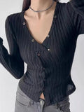 Dodobye-Solid Ribbed V Neck Twist Front Long Sleeve Knit