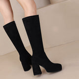 thanksgiving outfit Dodobye Women Knee High Boots Flock Suede Round Toe Block Heels 9cm Platform 2cm Slip On 45 46 47 Concise Daily Female Booties